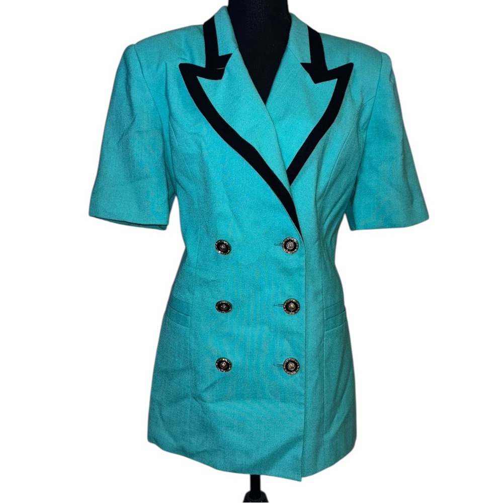 Vintage Oleg Cassini Women's Teal/Black Double-Breasted Blazer